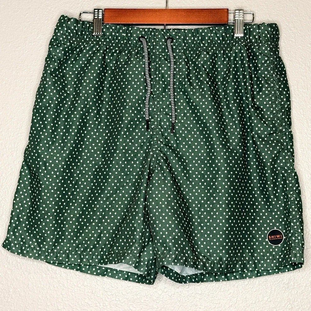 Shiwi Swim Trunks XL Green Geometric‎ Print Drawstring Lined Beach Shorts